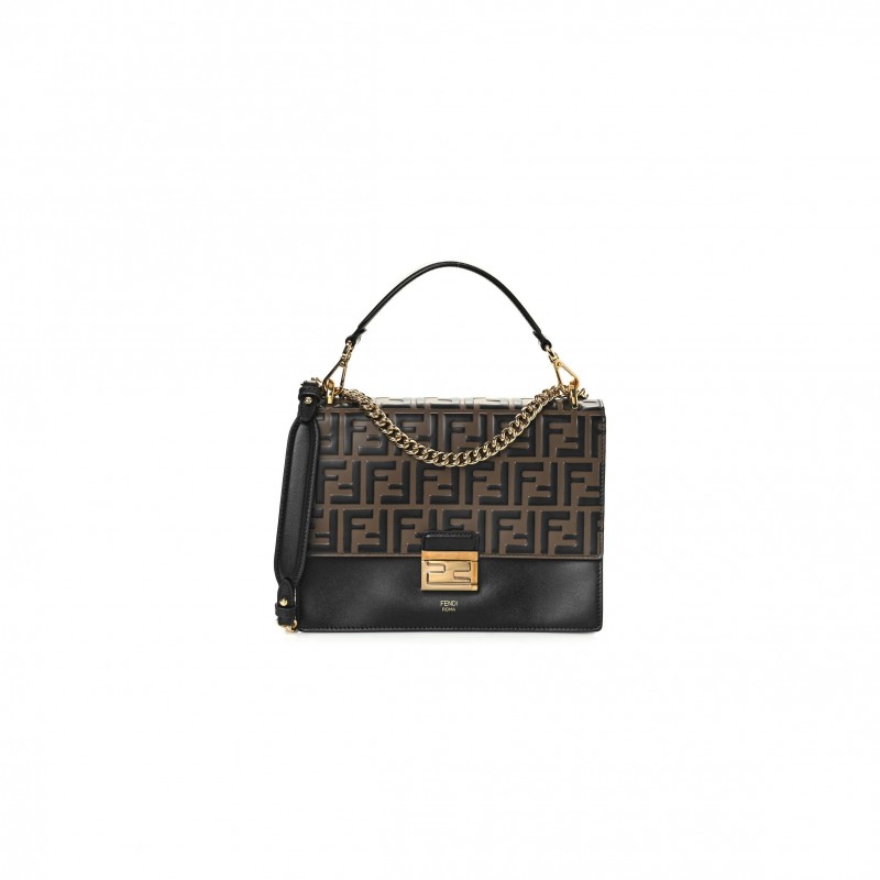 FENDI VITELLO LIBERTY BI-COLOR FF 1974 EMBOSSED CHAIN STRAP KAN U SHOULDER BAG BLACK MAYA (25*20*8cm)