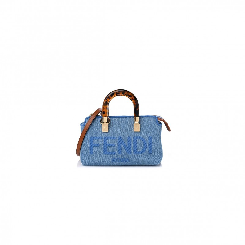 FENDI DENIM VITELLO KING PLEXIGLASS LOGO EMBROIDERED MINI BY THE WAY TOP HANDLE BOSTON BAG LIGHT BLUE (18*10*9cm)